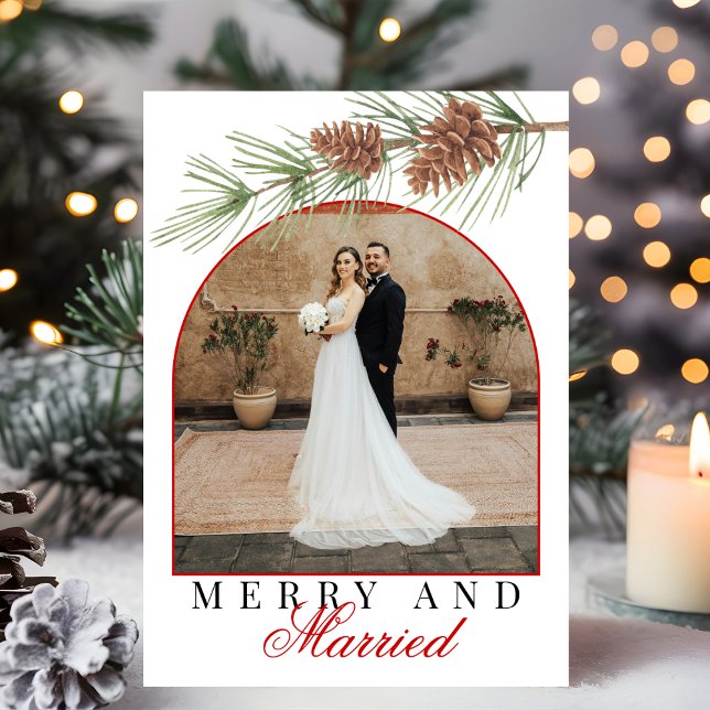 Tarjeta Festiva Crimson Red Pine Merry & Married Photo Christmas (Subido por el creador)