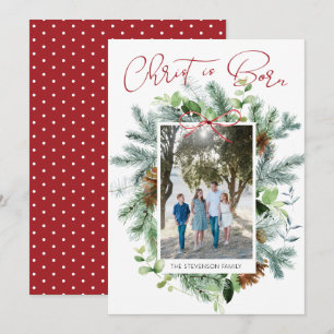 Tarjeta Festiva Cristo ha Nacido Foto Acuarela Verdor