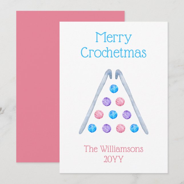 Tarjeta Festiva Crochet Christmas Tree Watercolor Yarn Rosa (Anverso / Reverso)