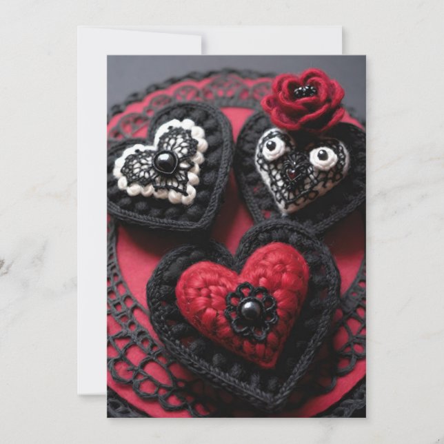 Tarjeta Festiva Crochet Gothic Valentine Red & Black Hearts (Anverso)