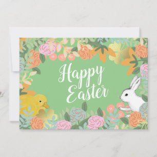 Tarjeta Festiva Crock floral de primavera feliz conejo de Pascua