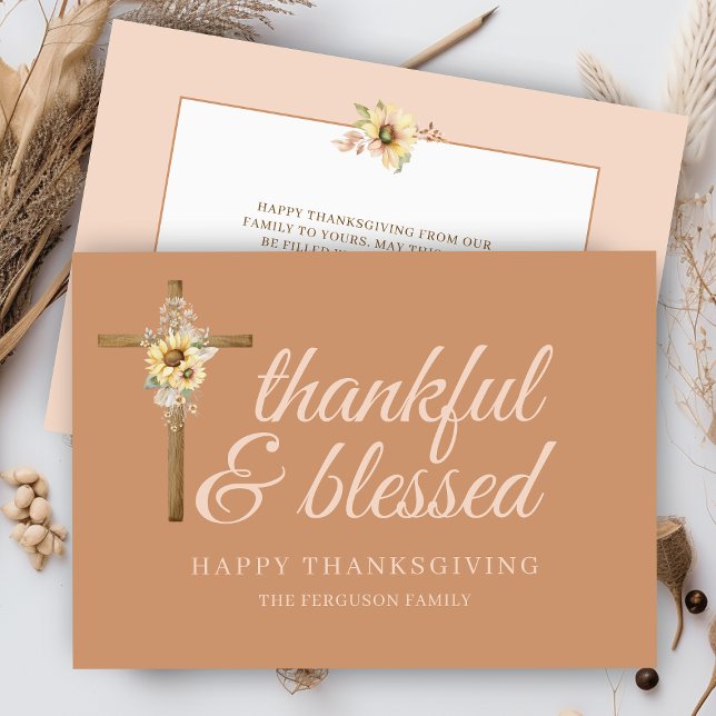 Tarjeta Festiva Cross Sunflower Agradecimiento Acción de Gracias (elegant earthy religious cross sunflowers floral thankful and blessed happy thanksgiving cards)