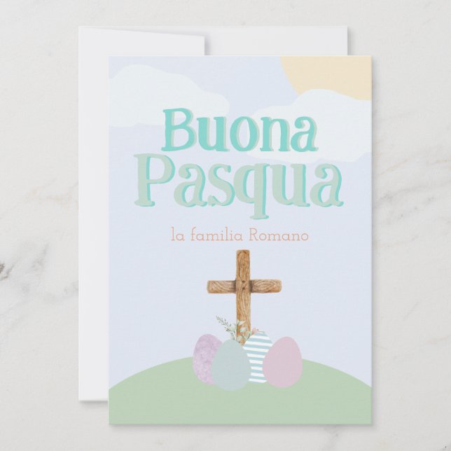 Tarjeta Festiva Cruce y huevos de Pascua Pastel de Buona (Anverso)