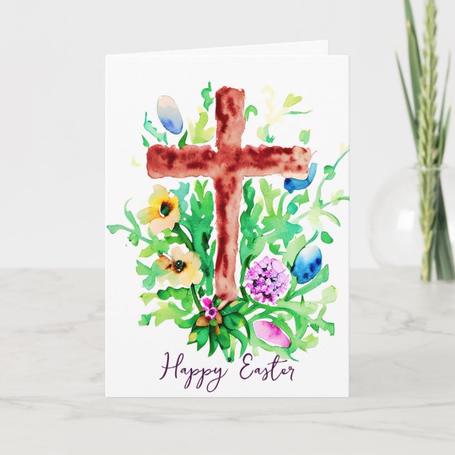 Tarjeta Festiva Cruz acuarela y flores personalizado Pascua (Anverso)