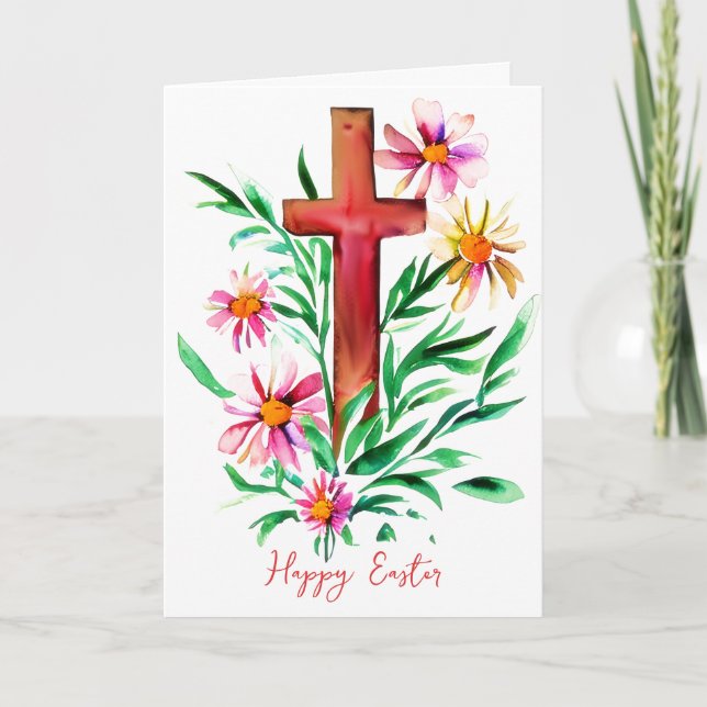 Tarjeta Festiva Cruz acuarela y flores personalizado Pascua (Anverso)