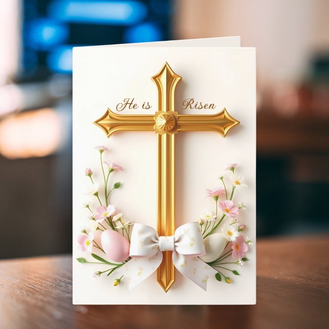 Tarjeta Festiva Cruz Católica Floral de Pascua Religiosa Él ha Res (He Is Risen Floral Catholic Cross Religious Easter Holiday Card)