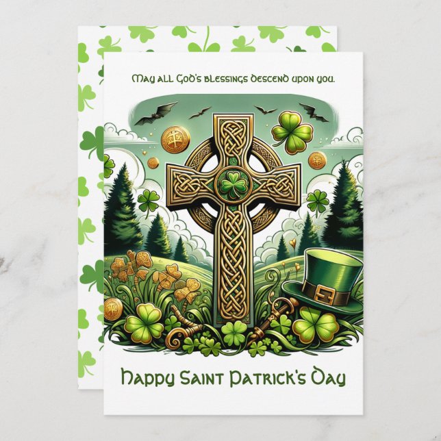 Tarjeta Festiva Cruz Celta: Celebración del Día de San Patricio (Anverso / Reverso)