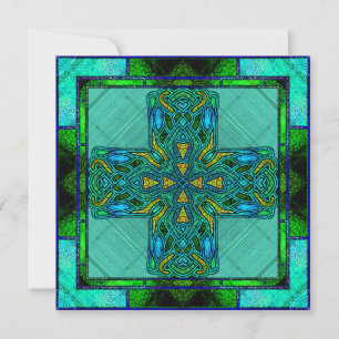 Tarjeta Festiva Cruz Celta de Vidrio Emplomado en Dorado y Verde