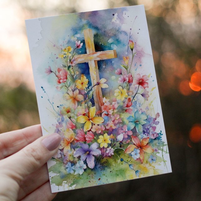 Tarjeta Festiva Cruz cristiana acuarela y flores de primavera (Subido por el creador)