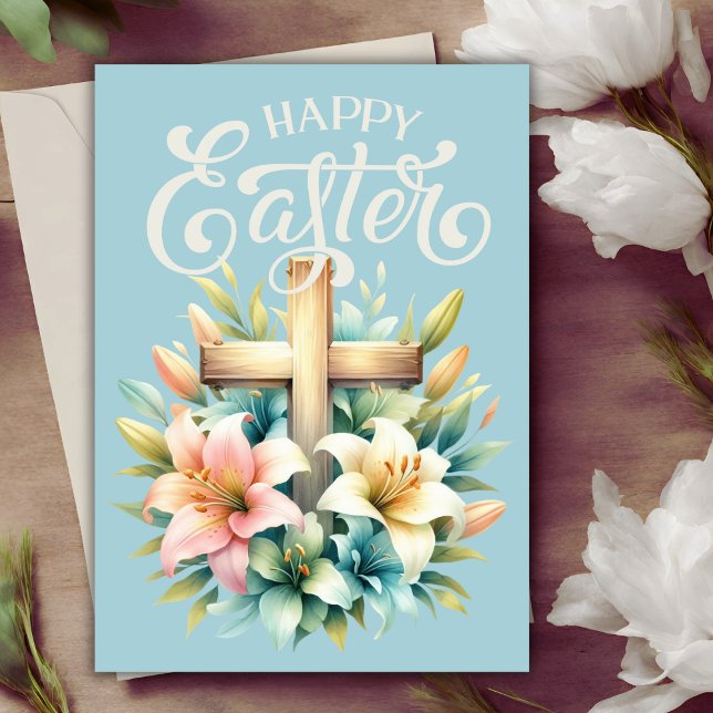 Tarjeta Festiva Cruz Cristiana con Semana Santa Lilis Personalizad (Christian Cross With Easter Lilies Custom Easter Holiday Card)
