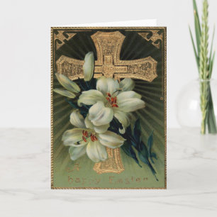 Tarjeta Festiva Cruz cristiana de oro Lirio de Pascua
