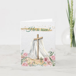 Tarjeta Festiva Cruz cristiana de Pascua Aquarela Rosas Eucalipto