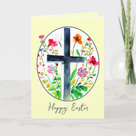 Tarjeta Festiva Cruz de acuarela y flores ovaladas personalizadas 