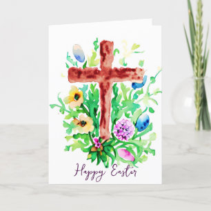 Tarjeta Festiva Cruz de acuarela y flores personalizadas de Pascua