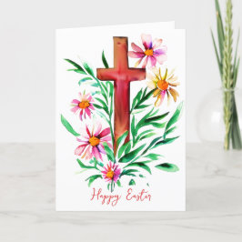 Tarjeta Festiva Cruz de acuarela y flores personalizadas de Pascua