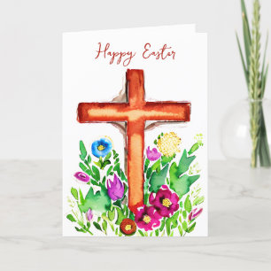 Tarjeta Festiva Cruz de acuarela y flores rosadas personalizadas d