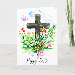 Tarjeta Festiva Cruz de acuarela y flores silvestres personalizada