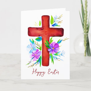 Tarjeta Festiva Cruz de color rojo y flores personalizado Pascua