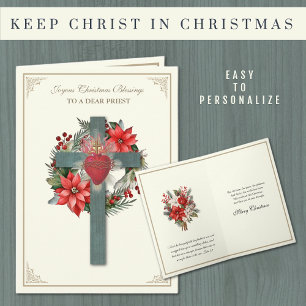Tarjeta Festiva Cruz de la Flor de Nochebuena del Sacerdote Católi