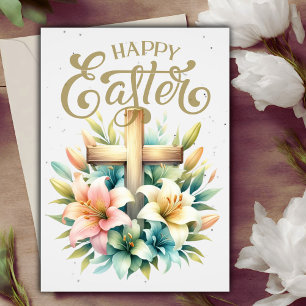 Tarjeta Festiva Cruz De Madera Con Lilies Personalizado Pascua Cri
