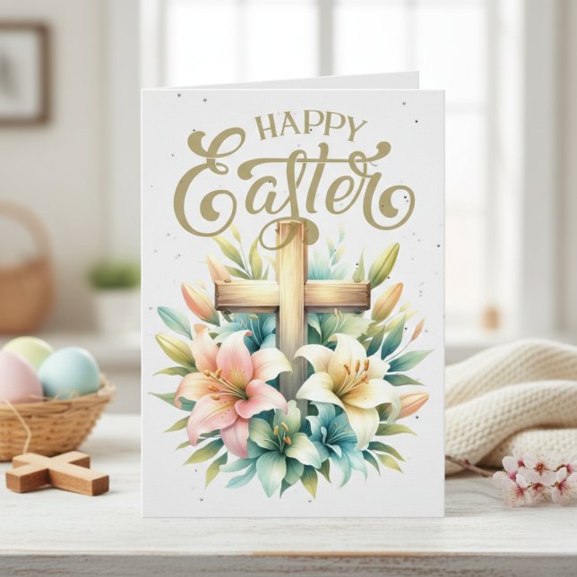 Tarjeta Festiva Cruz de madera con lirios personalizada de Pascua  (Wooden Cross With Lilies Custom Christian Easter Holiday Card)