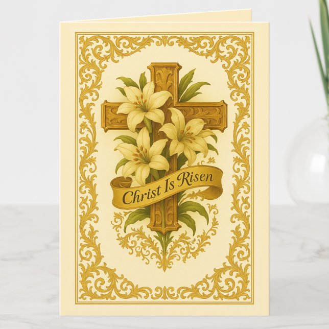 Tarjeta Festiva Cruz de Oro de Pascua Lilies Cristo está en ascens (Subido por el creador)