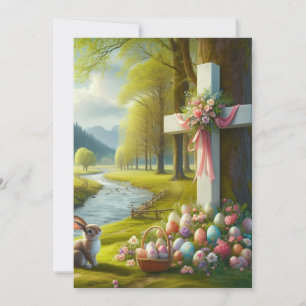 Tarjeta Festiva cruz de Pascua con conejo y huevos