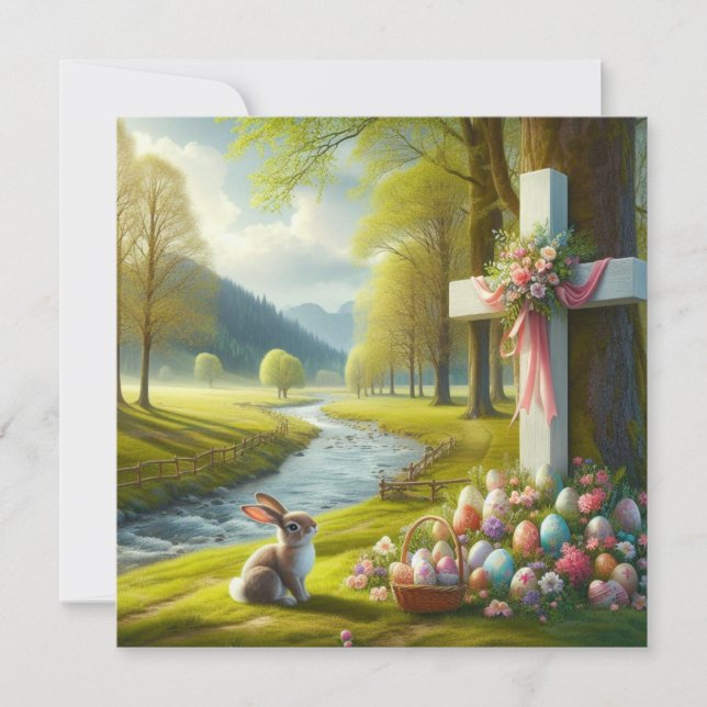 Tarjeta Festiva cruz de Pascua con conejo y huevos (Anverso)