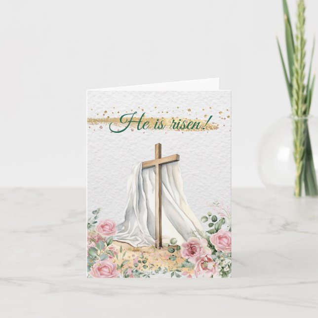 Tarjeta Festiva Cruz de Pascua cristiana acuarela rosas eucalipto (Anverso)