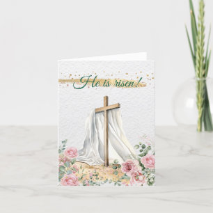 Tarjeta Festiva Cruz de Pascua Cristiana Rosas de Acuarela Eucalip