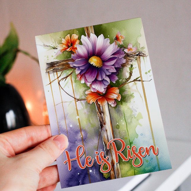 Tarjeta Festiva Cruz de Pascua Floral de acuarela se levanta (Subido por el creador)
