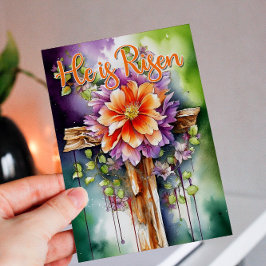 Tarjeta Festiva Cruz de Pascua Floral de acuarela se levanta
