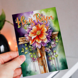 Tarjeta Festiva Cruz de Pascua Floral de acuarela se levanta