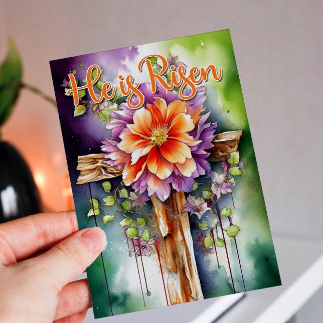 Tarjeta Festiva Cruz de Pascua Floral de acuarela se levanta (Subido por el creador)