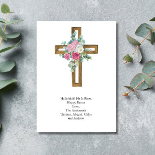 Tarjeta Festiva Cruz de Pascua Floral Rosa Religiosa Cristiana