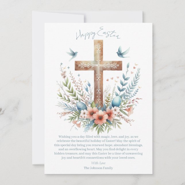 Tarjeta Festiva Cruz de Pascua Personalizada Acuarela (Anverso)