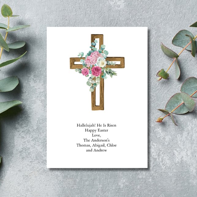 Tarjeta Festiva Cruz de Pascua Pink Floral Religioso Cristiano (Wooden Cross Pink floral Eucalyptus Watercolor Easter Card)