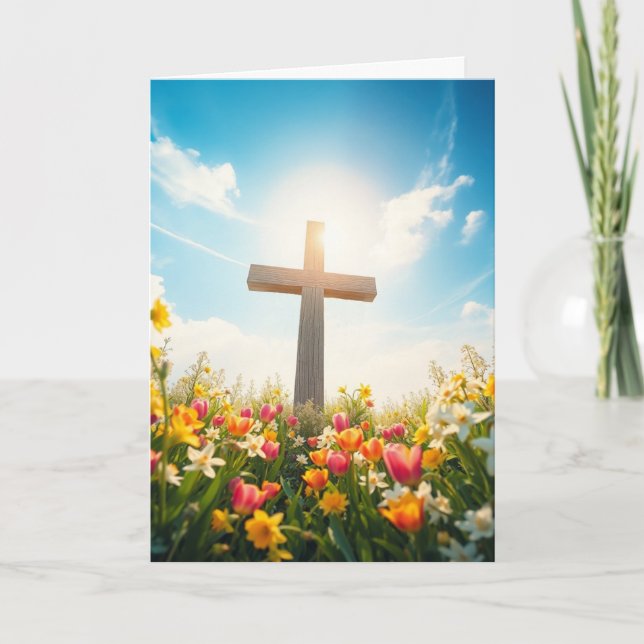 Tarjeta Festiva Cruz de Pascua rodeada de flores (Anverso)
