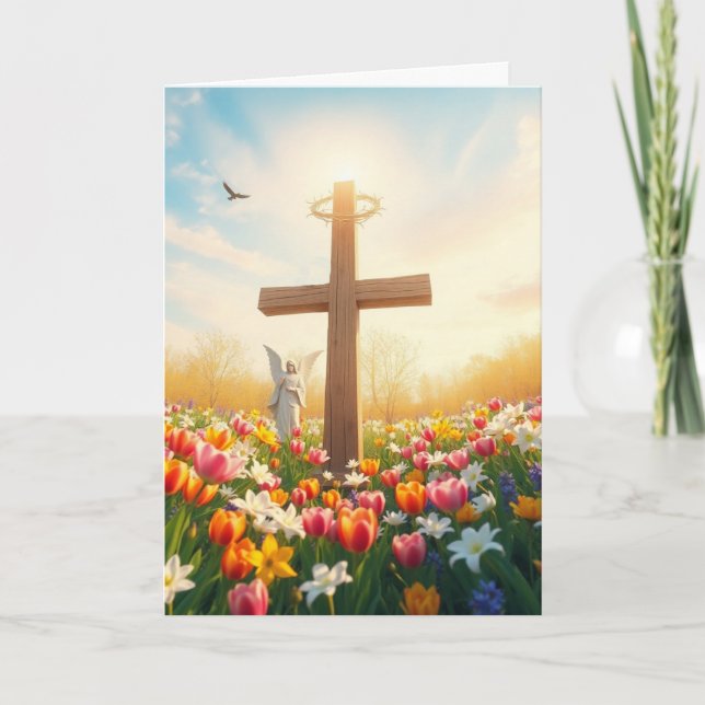Tarjeta Festiva Cruz de Pascua y Estatua del Ángel (Anverso)