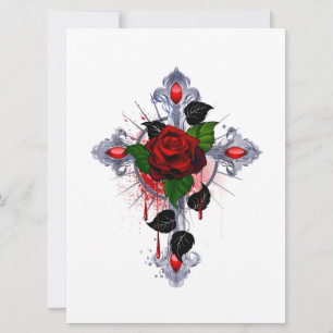 Tarjeta Festiva Cruz de Plata con una Rosa Roja