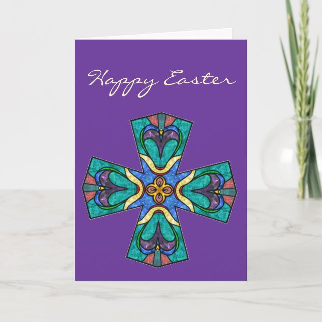 Tarjeta Festiva Cruz de Vidrio Manchado de Bendición de Pascua (Anverso)