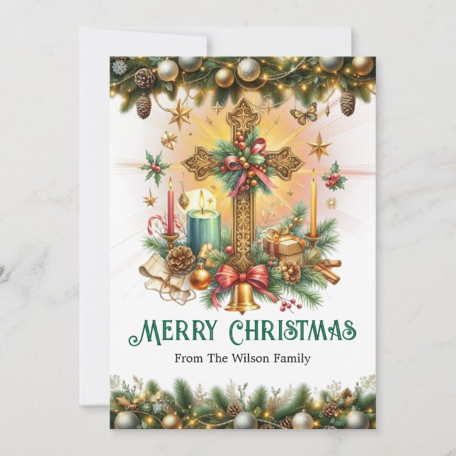 Tarjeta Festiva Cruz decorativa con oro y vegetación, Navidades (Anverso)