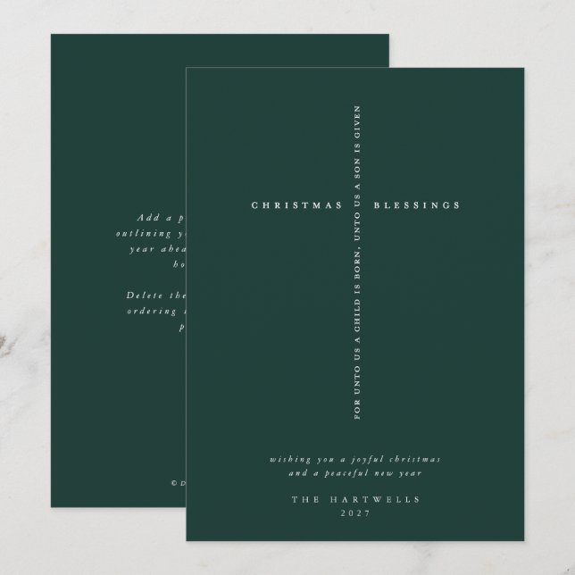 Tarjeta Festiva Cruz elegante de escritura en verde oscuro (Anverso / Reverso)