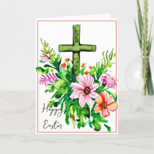 Tarjeta Festiva Cruz floral de acuarela personalizada Pascua