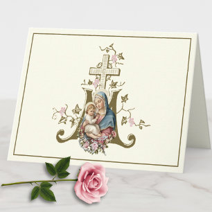 Tarjeta Festiva Cruz Mariana Floral Jesús Madre Bendita Católica