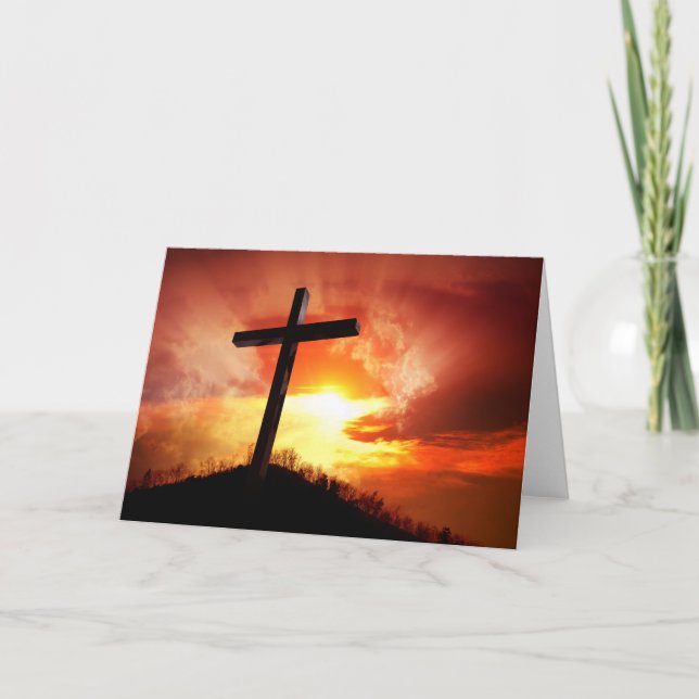 Tarjeta Festiva Cruz religiosa de Pascua al atardecer (Anverso)