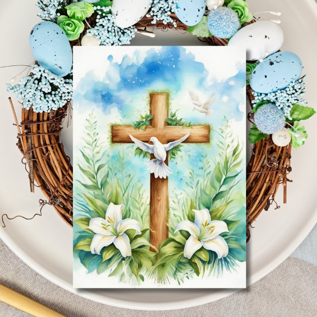 Tarjeta Festiva Cruz religiosa de Pascua con paloma y lirios (Subido por el creador)