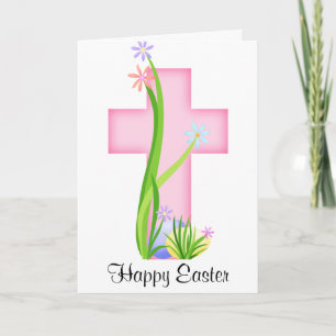 Tarjeta Festiva Cruz rosa con huevos de Pascua