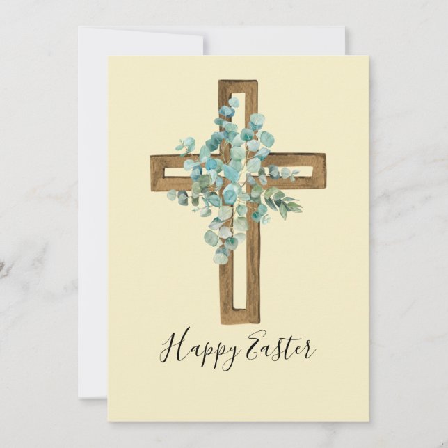 Tarjeta Festiva Cruz Rústica de Pascua Acuarela y Eucalipto (Anverso)