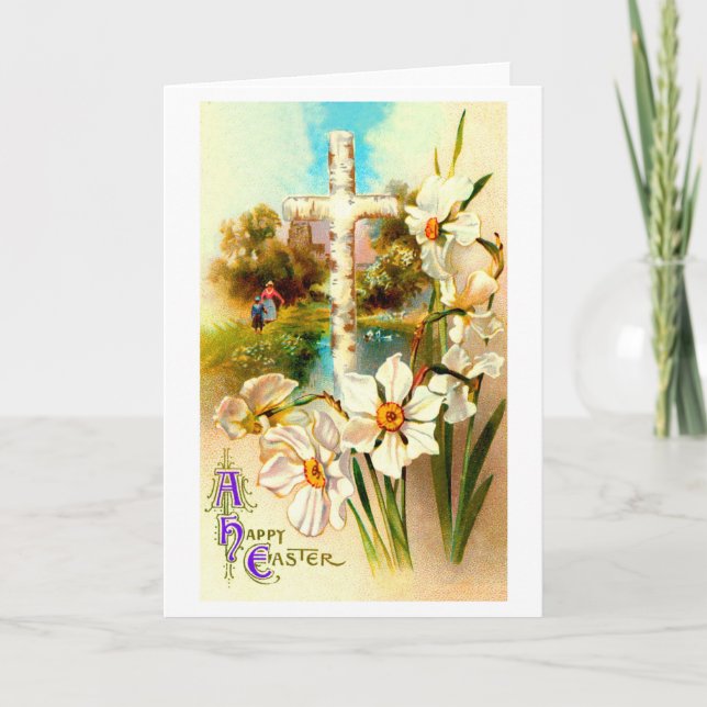 Tarjeta Festiva Cruz Santa y flores en Pascua (Anverso)